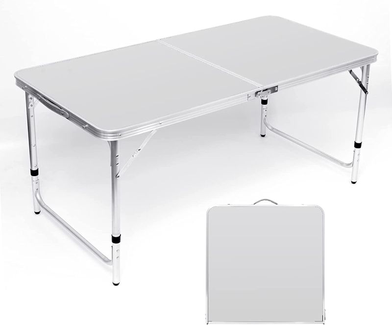 Photo 1 of Moosinily Folding Camping Table, 4 Ft Aluminum Folding Table, Picnic tablee with Handle, Adjustable Portable Camp Table for Picnic, BBQ, Party, Beach/White