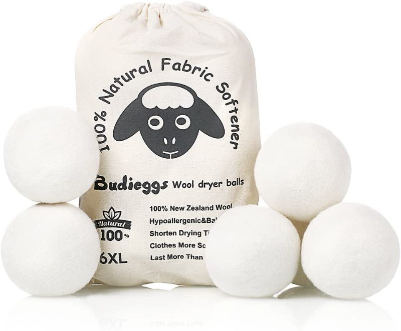 Photo 1 of Budieggs Wool Dryer Balls Organic XL 6-Pack, 100% New Zealand Chemical Free Fabric Softener for 1000+ Loads, Baby Safe & Hypoallergenic, Reduce Wrinkles & Shorten Drying Time Naturally