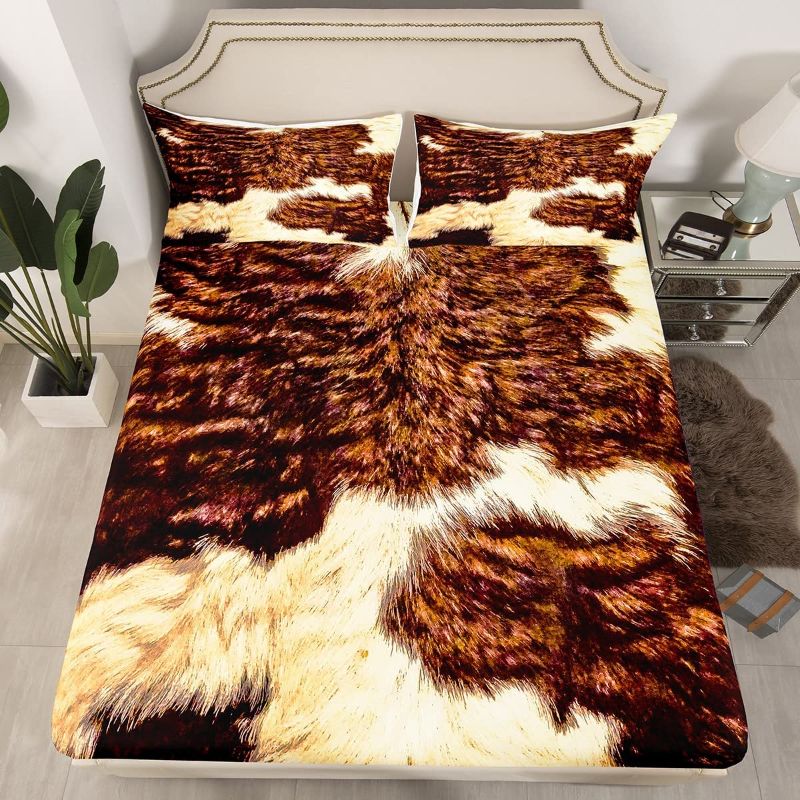 Photo 1 of Cow Print Bed Sheet Set Full for Kids Teens Adults, Cowhide Cow Fur Bedding Set Western Farmhouse Animal Theme Fitted Sheet Highland Cattle Cowhide Printed Ultra Soft Bed Sheet with 2 Pillowcases