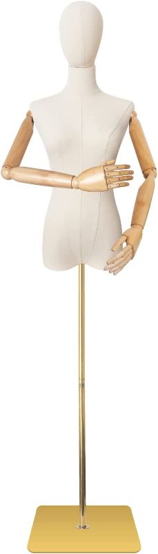 Photo 1 of Mannequin Body Female Dress Form Linen Fabric Manikin Torso with Detachable Head Adjustable Height Metal Stand --- Does not include arms ---