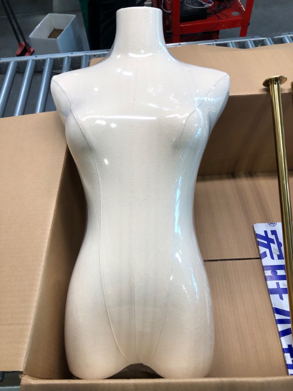 Photo 3 of Mannequin Body Female Dress Form Linen Fabric Manikin Torso with Detachable Head Adjustable Height Metal Stand --- Does not include arms ---