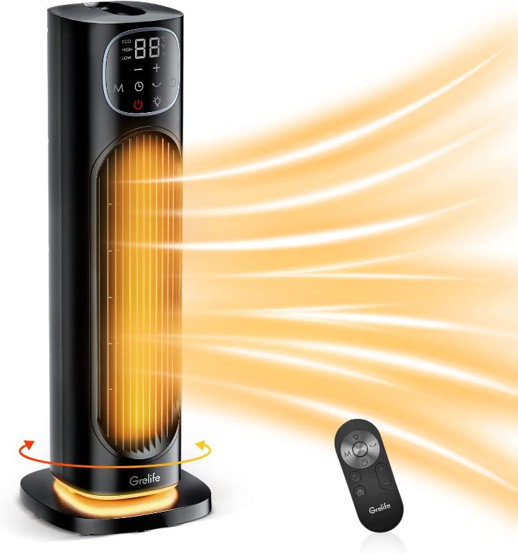 Photo 1 of Grelife 24" Space Heater, 75° Oscillating Electric Heater with Night Light, Remote, Overheat & Tip-over Protection, ECO Mode, 12H Timer, Thermostat, 1500W Portable Heater for Indoor Use, Office, Home --- Missing Controller ---