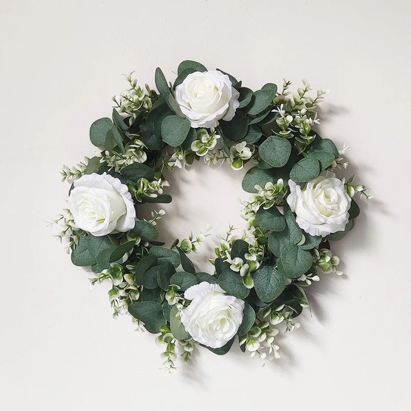 Photo 1 of Artificial White Rose Wreath Green Leaves Eucalyptus Garland Fake Flower Wreath For Door Decoration Home Décor