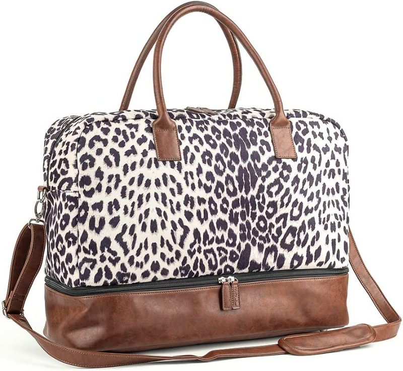 Photo 1 of MyMealivos Canvas Weekender Bag, Overnight Travel Carry On Duffel with Shoe Pouch (leopard)
