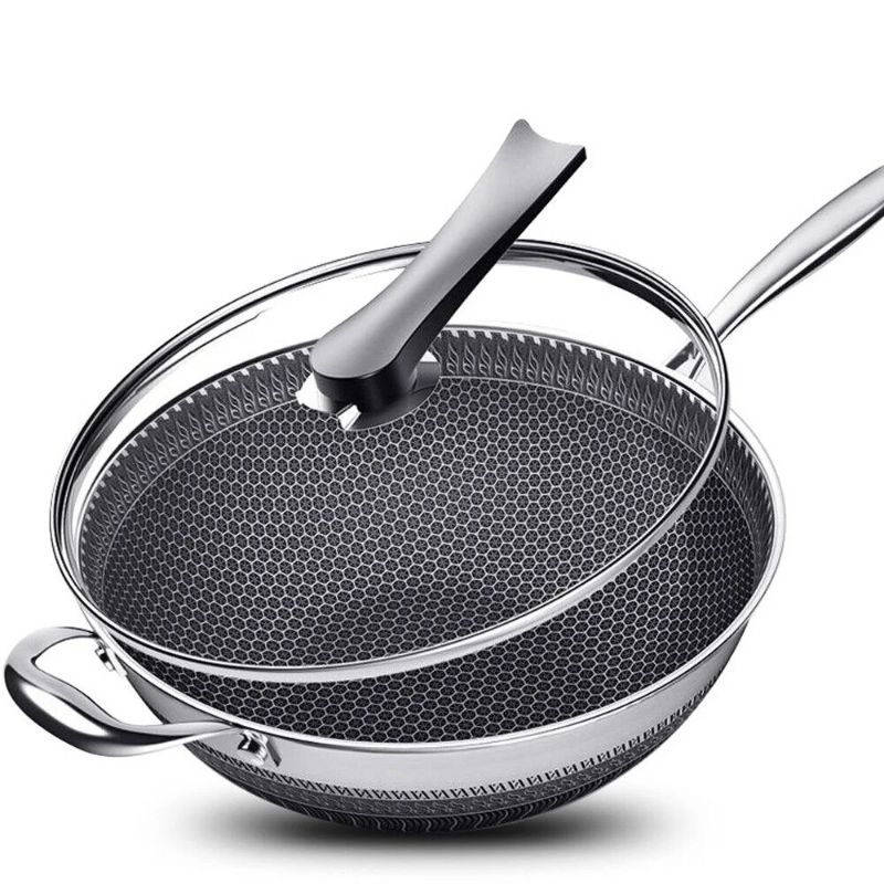 Photo 1 of 14-Inch Stainless Steel Wok Honeycomb Frying Pan With Glass Lid and Spatula 