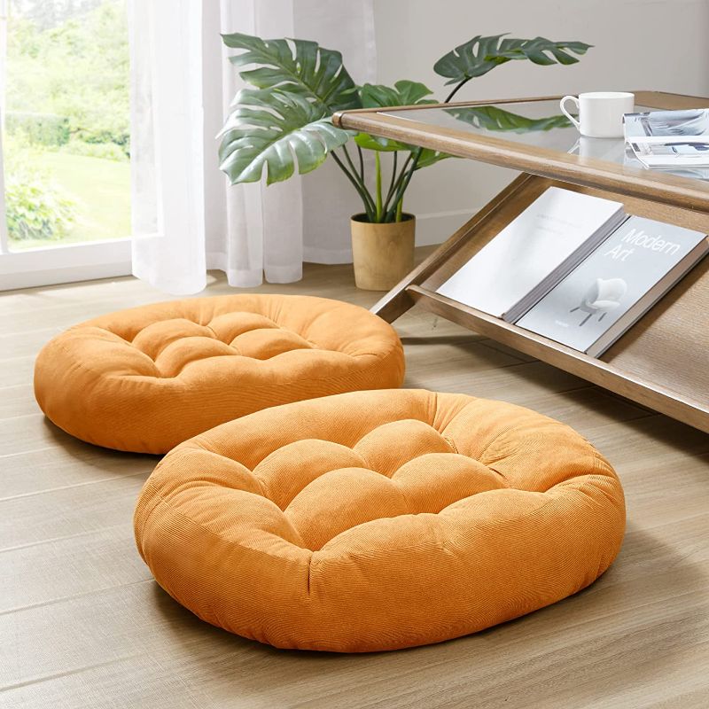Photo 1 of Floor Cushion Pillow Set of 2, Round Large Pillows Seating for Adults, Tufted Corduroy Floor Cushions for Living Room Tatami, Orange Yellow, 22 Inch