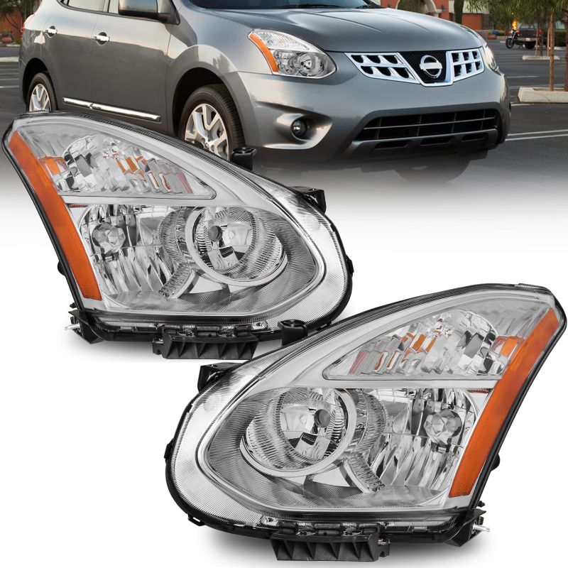 Photo 1 of MOSTPLUS Headlight Assembly Compatible with 2008-2013 Nissan Rogue Front Lamp with Chrome Housing/Clear Lens/Amber Reflector
