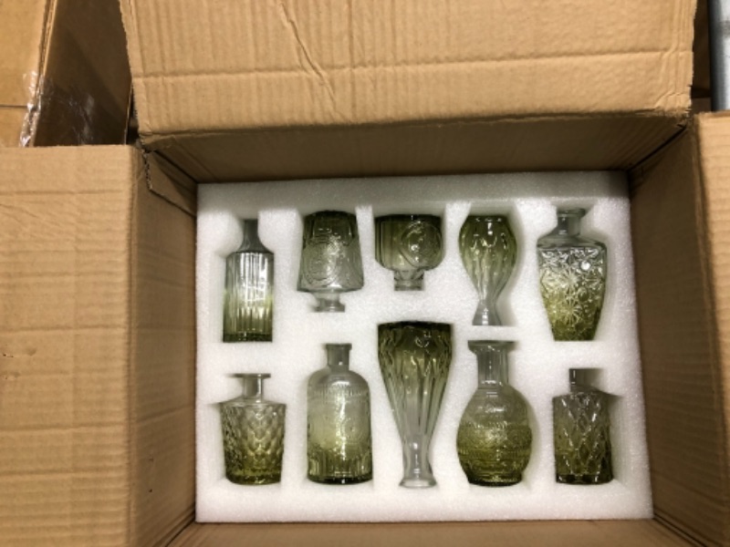 Photo 3 of 20 Pcs Glass Bud Vase Set Small Vases for Flowers Vintage Flower Vase in Bulk Cute Glass Vases for Centerpieces Rustic Decorative Glass Vase for Wedding Table Home Christmas Decoration (Green)