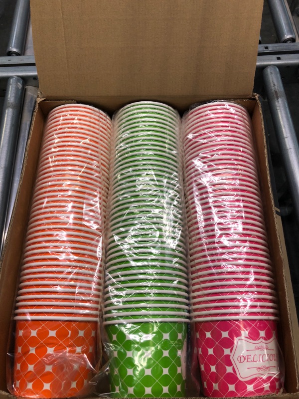 Photo 3 of 120 Pack 16oz Ice Cream Cups, Ice Cream Bowls for Cold and Hot Foods, Paper Ice Cream Bowls, Disposable Dessert Cups, Three Color Paper Ice Cream Sundaes Cups for Ice Cream, Hot Soup, Snacks, Fruits. Pink&Green&Orange-16oz