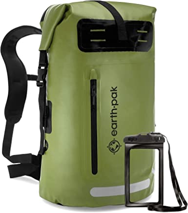 Photo 1 of Earth Pak Waterproof Backpack: 55L Heavy Duty Roll-Top Closure with Easy Access Front-Zippered Pocket and Cushioned Padded Back Panel for Comfort with IPX8 Waterproof Phone Case
