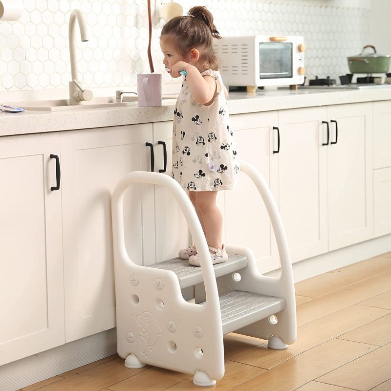 Photo 1 of Two Step Stool with Handles Height Adjustable Footstool for Toddlers Children Kids, Step Stool for Kids, Toddler Step Stool with Handles and Non-Slip Steps, Gray
