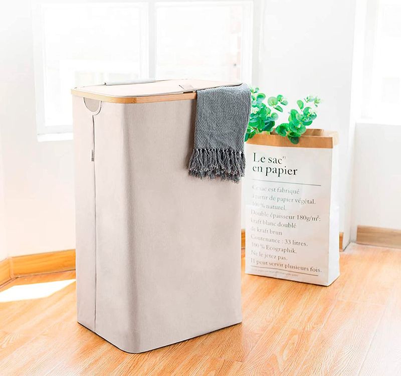 Photo 1 of Lonbet - Beige Laundry Hamper with Lid - XL 100 L - Large Hampers for Laundry with Handles - Laundry Baskets with Lid for Bedrooms - Bamboo Bathroom Tall Laundry Bin
