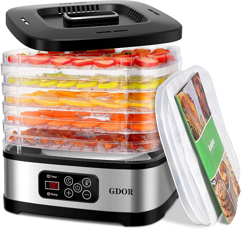 Photo 1 of GDOR Food Dehydrator Includes Mesh Screen, Fruits Roll Sheet, Recipes, 5 Trays Dehydrator Machine with Temp Control & 72H Timer & LED Display, for Jerky, Fruit, Veggie, Herb, Dog Treat, BPA-Free
