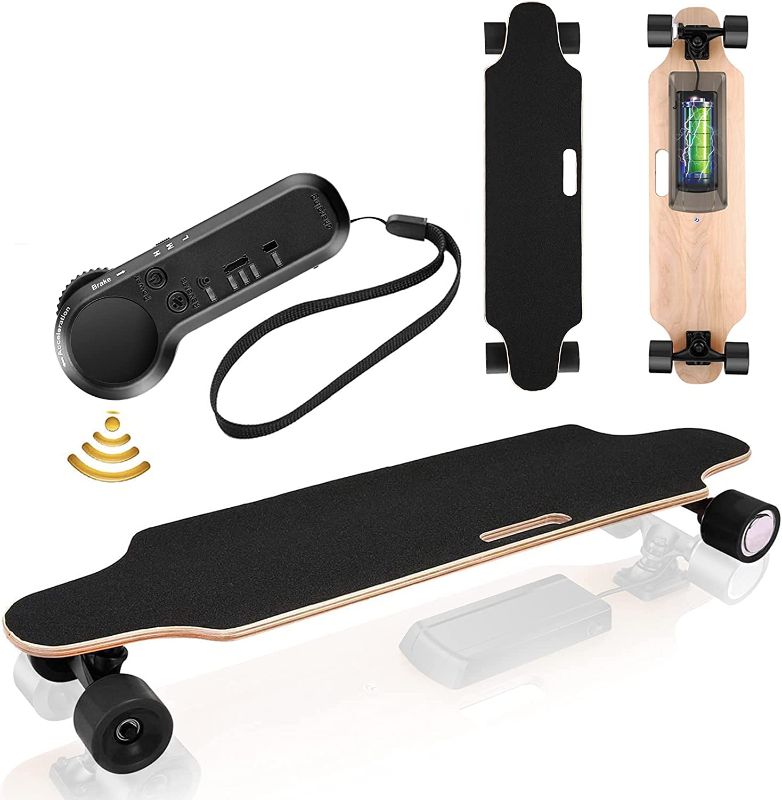 Photo 1 of Electric Skateboard for Adults Youth, 350W Hub-Motor Electric Longboard with Remote, 12.4 MPH Top Speed, 8 Miles Max Range, 220Lbs Max Load --- Missing Charger, Missing Remote Control ---