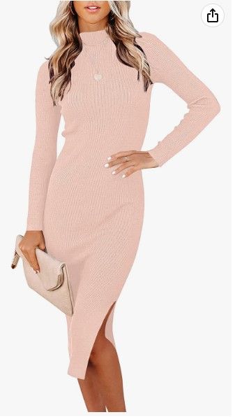 Photo 1 of ANRABESS Women's Long Sleeve Ribbed Sweater Dress Turtleneck Slim Fit Slit Midi Dress 01-pink Large