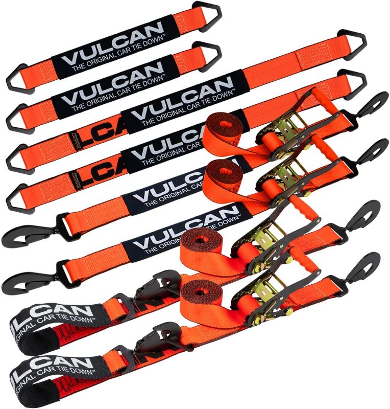 Photo 1 of VULCAN Ultimate Axle Tie Down Kit - PROSeries - Includes (2) 22 Inch Axle Straps, (2) 36 Inch Axle Straps, (2) 96 Inch Snap Hook Ratchet Straps, and (2) 112 Inch Axle Tie Down Combination Straps                                                             