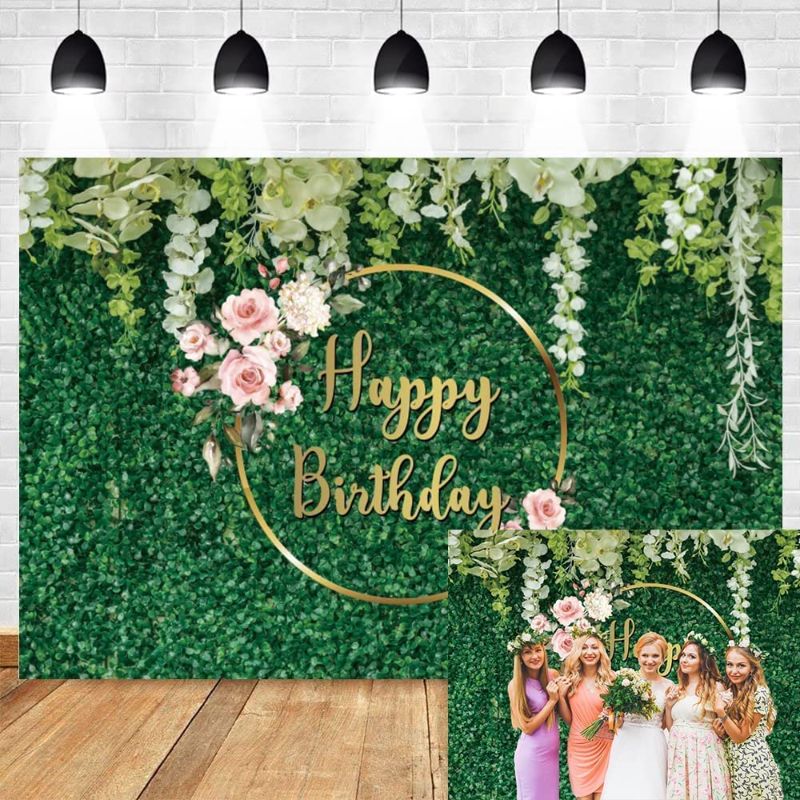 Photo 1 of Greenery Happy Birthday Backdrop for Women Girls Flower Green Grass Backdrop Wall for Party Birthday Background Photography for Photoshoot Banner Decoration 8x6ft