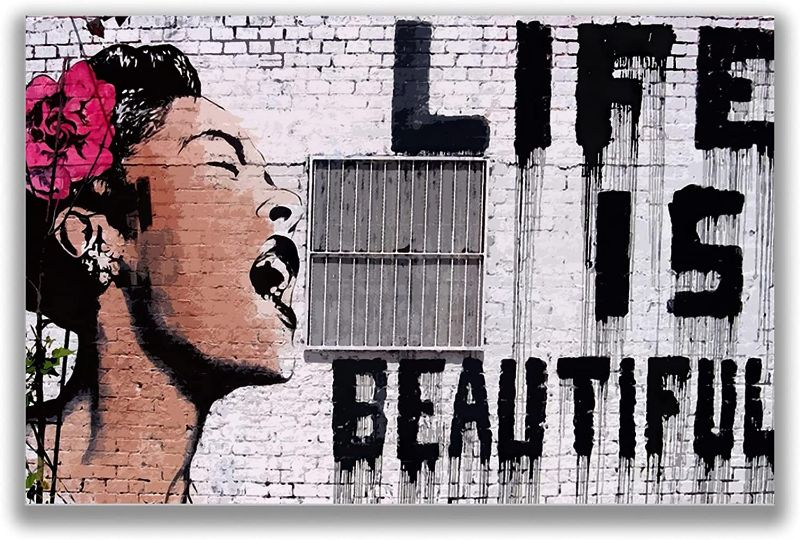 Photo 1 of 123 Life Banksy Wall Art - Life Is Beautiful Motivational Quotes Poster Graffiti Woman Paintings Wall Art Grey Artwork for Living Room Bedroom Office Wall Decor Unframed 40×30cm/16×12inch