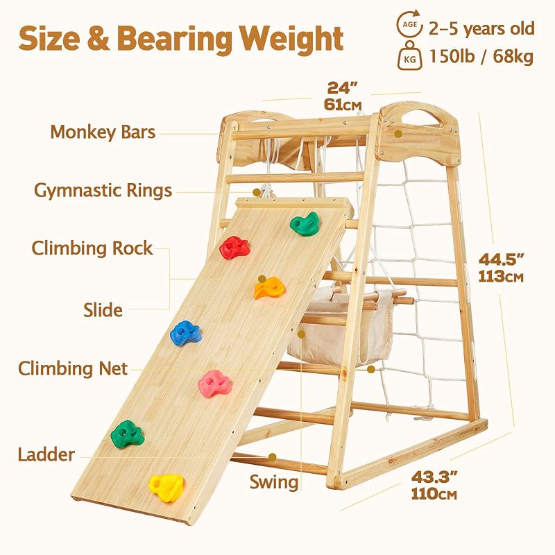 Photo 1 of FUNLIO 7-in-1 Wood Indoor Playground for Toddlers 2-5, Montessori Climbing Toys with Solid Pine Wood, Indoor Jungle Gym for Kids with Swing/Slide/Climbing Rock/Net/Ladder/Monkey Bars/Gymnastic Rings