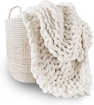 Photo 1 of Chunky Knit Blanket Throw 40x80, Soft Chenille Yarn Giant Knitted Throw Blanket, Big Knit Blankets Chunky, Thick Cable Knit Throw, Large Rope Knot Throw Blanket for Couch Bed Sofa (Ivory) Ivory 40"x80" (Special Size Throw)