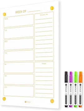 Photo 1 of Glass Golden Weekly Dry Erase Calendar & Menu Whiteboard for Wall, Meal Planning & Grocery Shopping List White Board for Kitchen, 15x11", 7 Days Planner for Home, 4 Wet Erase Markers Included, Yeoux
