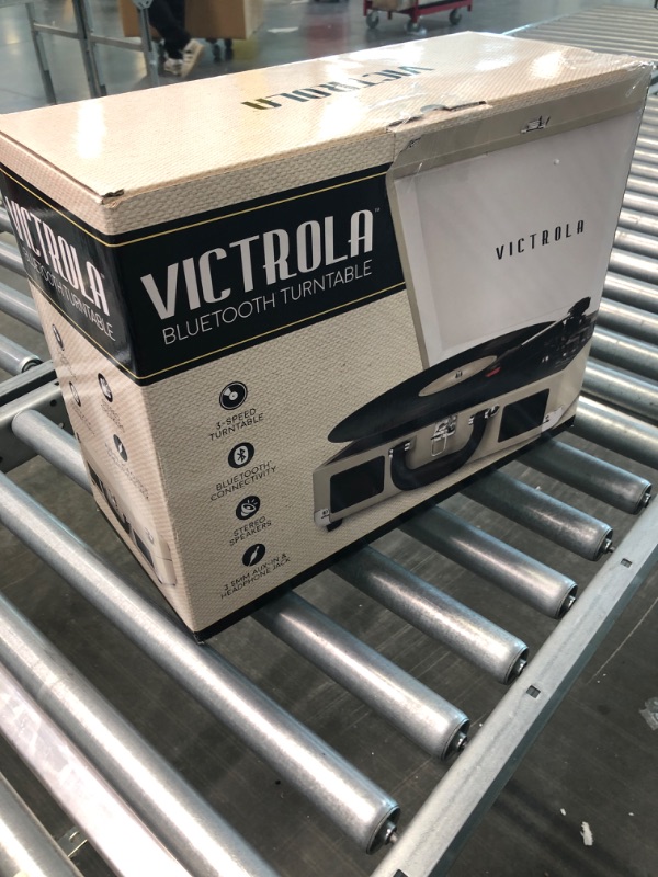 Photo 5 of Victrola Vintage 3-Speed Bluetooth Portable Suitcase Record Player with Built-in Speakers | Upgraded Turntable Audio Sound | Light Grey Light Grey Record Player