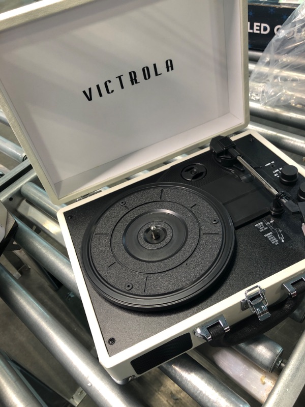 Photo 3 of Victrola Vintage 3-Speed Bluetooth Portable Suitcase Record Player with Built-in Speakers | Upgraded Turntable Audio Sound | Light Grey Light Grey Record Player