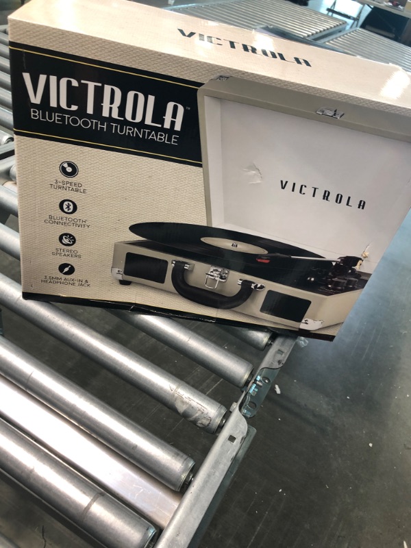 Photo 2 of Victrola Vintage 3-Speed Bluetooth Portable Suitcase Record Player with Built-in Speakers | Upgraded Turntable Audio Sound | Light Grey Light Grey Record Player