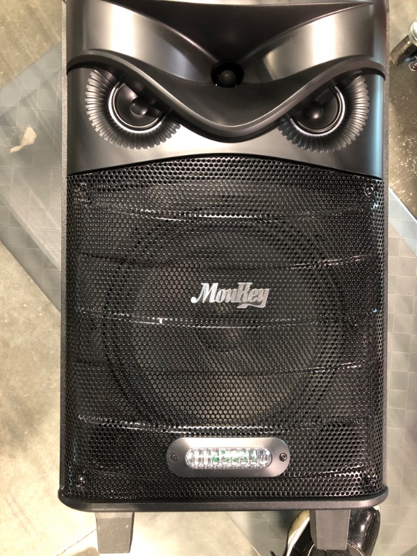 Photo 1 of Moukey Karaoke Machine, PA System Subwoofer, Portable Bluetooth Speaker w/ 2 Wireless Microphones, Lyrics Display Holder, Party Lights & Echo/Treble/Bass Adjustment, Support TWS/REC/AUX/MP3/USB/TF/FM 10" Subwoofer