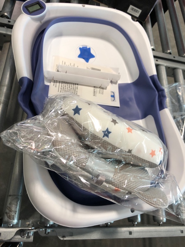 Photo 3 of NAPEI Collapsible Baby Bathtub for Infants to Toddler, Portable Travel Bathtub Multifunctional Bathtub with Drain Hole, Baby Folding Bathtub for Newborn 0-36 Month (Blue+Floating Baby Bath Cushion)