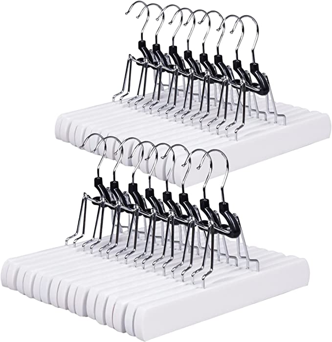 Photo 1 of Amber Home White Wooden Pants Hangers 24 Pack, Wood Clamp Hangers with Non Slip Padded Velvet, Jeans/Slacks Hangers Hair Extension Hangers for Skirts, Trousers, Wigs (White, 24)