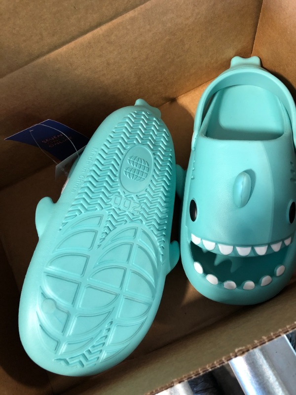 Photo 3 of ChayChax Boys Girl Cloud Shark Slides Non-Slip Novelty Open Toe Sandals Extremely Comfy Cushioned Thick Sole Cute Cartoon Shower Slippers Indoor & Outdoor 12-13 Little Kid Light Blue 2