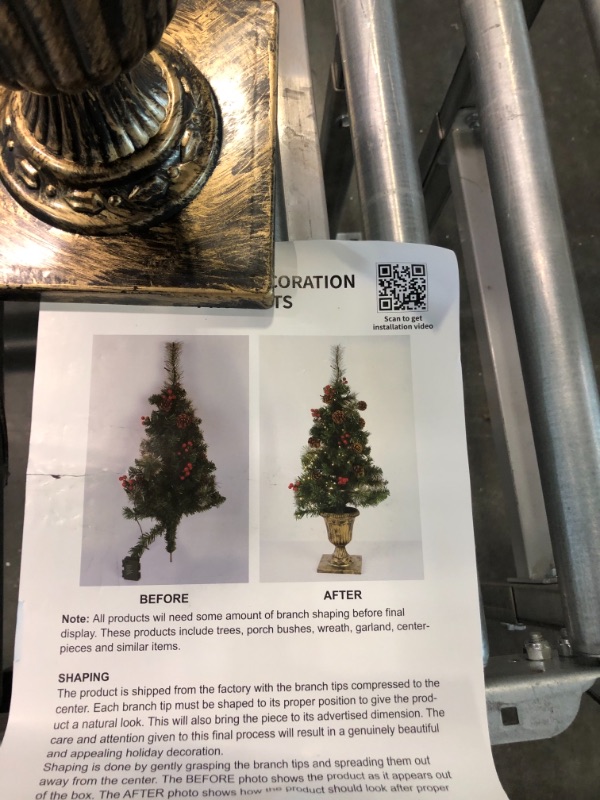 Photo 1 of Juegoal 4 FT Christmas Tree, Pre-Lit Crestwood Spruce Entrance Tree with 120 LEDs Fairy Lights, Pine Cones, Red Berries in Gold Urn Base for Front Door, Porch, Entryway Xmas Home Decorations, 2 Pack 2 4 FT