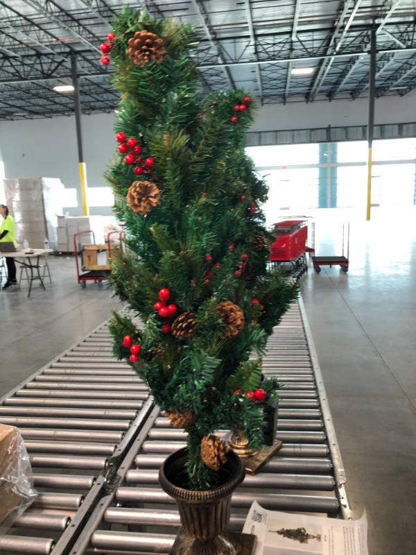 Photo 1 of Juegoal 4 FT Christmas Tree, Pre-Lit Crestwood Spruce Entrance Tree with 120 LEDs Fairy Lights, Pine Cones, Red Berries in Gold Urn Base for Front Door, Porch, Entryway Xmas Home Decorations, 2 Pack 2 4 FT