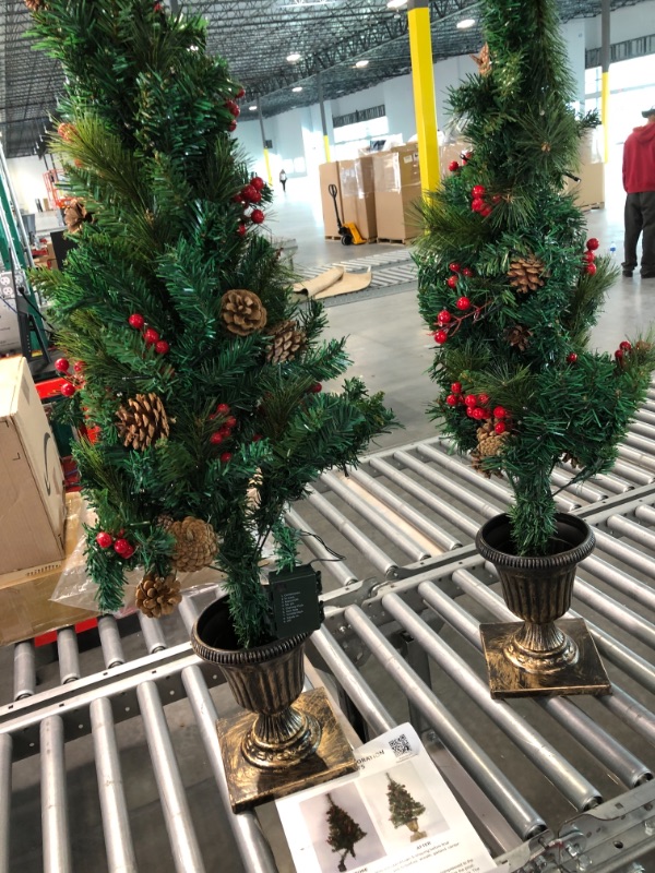 Photo 1 of Juegoal 4 FT Christmas Tree, Pre-Lit Crestwood Spruce Entrance Tree with 120 LEDs Fairy Lights, Pine Cones, Red Berries in Gold Urn Base for Front Door, Porch, Entryway Xmas Home Decorations, 2 Pack 2 4 FT