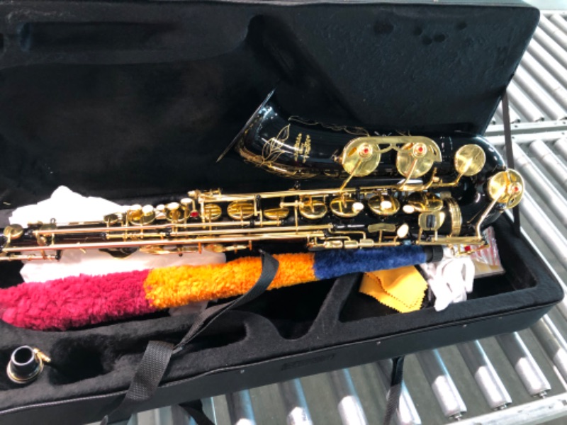 Photo 7 of Glory Black/Gold B Flat Tenor Saxophone with Case,10pc Reeds,Mouth Piece,Screw Driver,Nipper. A pair of gloves, Soft Cleaning Cloth.