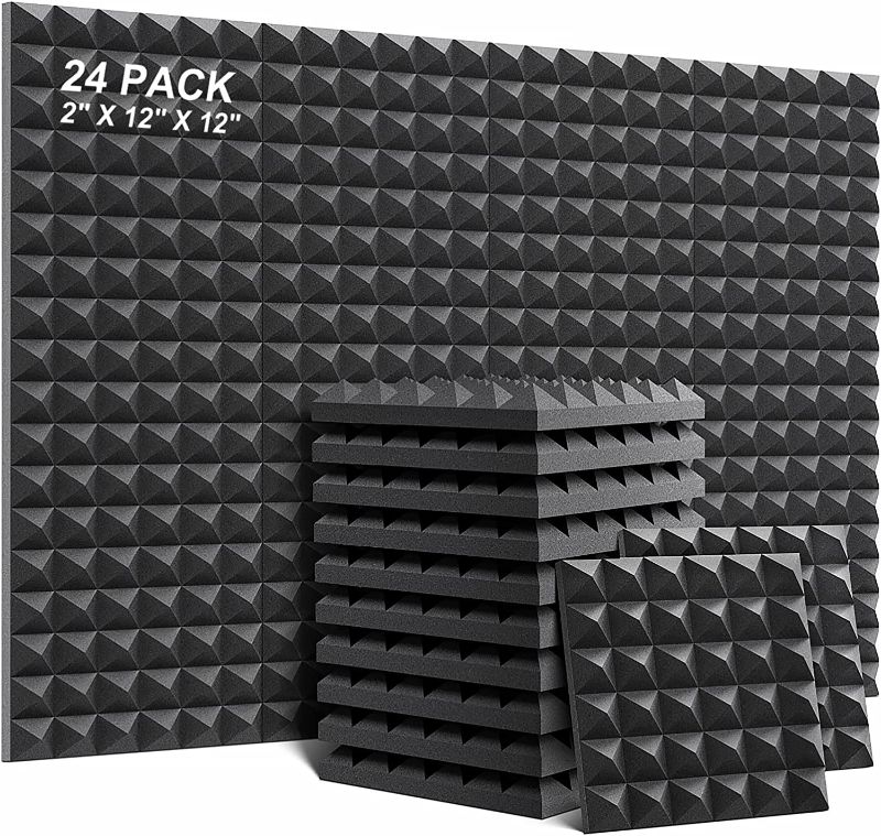 Photo 1 of 24 Pack Acoustic Foam Panels 2 Inches Thick Sound Proof Padding for Wall Pyramid, 2" X 12" X 12" Sound Absorbing Dampening Studio Foam Soundproofing Foam Wedge Tiles