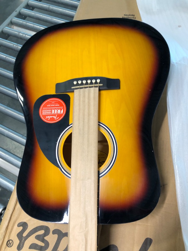 Photo 4 of Fender Squier Dreadnought Acoustic Guitar - Sunburst Learn-to-Play Bundle with Gig Bag, Tuner, Strap, Strings, String Winder, Picks, Fender Play Online Lessons, and Austin Bazaar Instructional DVD SA-150 Sunburst