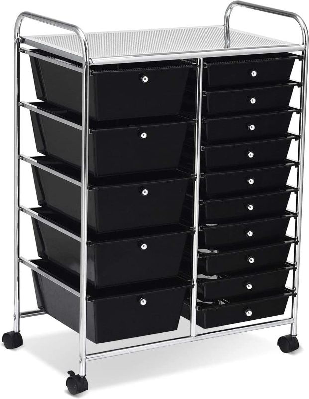 Photo 1 of 15 Drawer Rolling Storage Cart, Mobile Utility Cart with Lockable Wheels, Drawers, Multipurpose Organizer Cart for Home, Office, School, Black