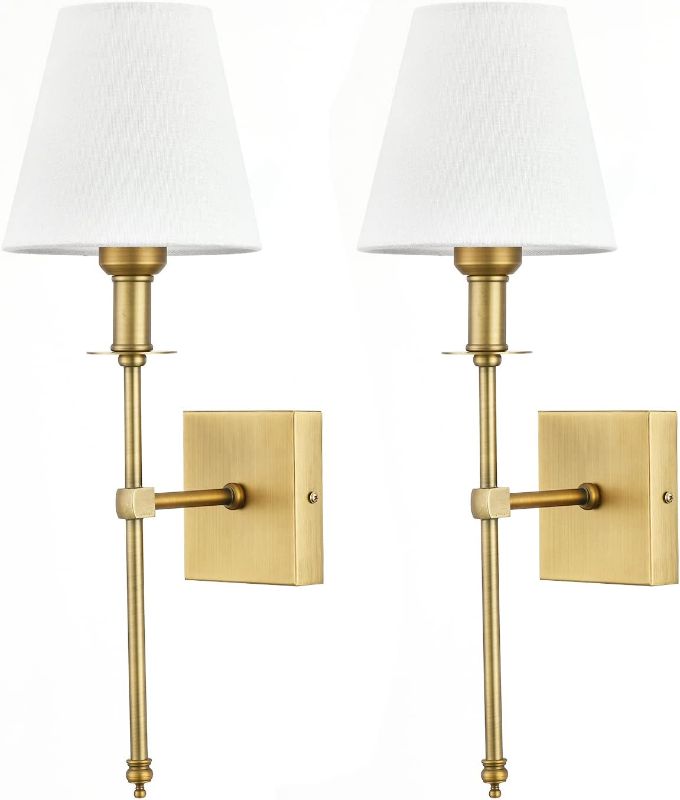 Photo 1 of Bsmathom Wall Sconces Sets of 2, Brushed Brass Sconces Wall Lighting with Fabric Shade, Hardwired Column Stand Bathroom Vanity Light Fixture for Hallway, Entryway, Passway Kitchen, Gold