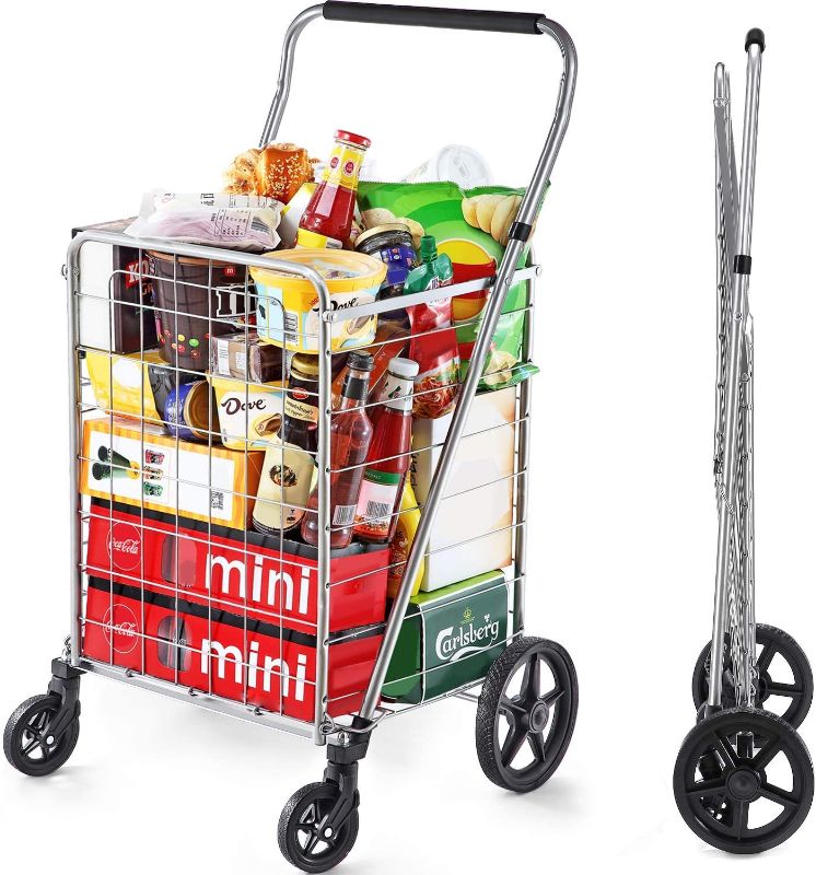 Photo 1 of 
Wellmax Grocery Shopping Cart with Swivel Wheels, Foldable and Collapsible Utility Cart with Adjustable Height Handle, Heavy Duty Light Weight Trolley
