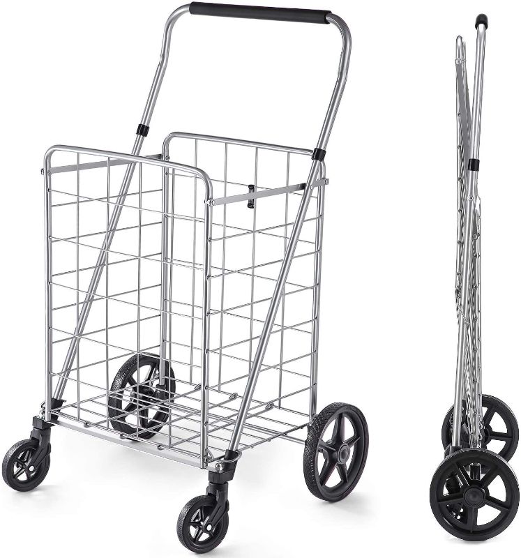 Photo 2 of 
Wellmax Grocery Shopping Cart with Swivel Wheels, Foldable and Collapsible Utility Cart with Adjustable Height Handle, Heavy Duty Light Weight Trolley