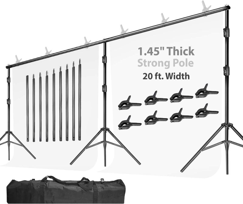 Photo 1 of LimoStudio (Heavy Duty) 20 ft. Wide x 10.3 ft. Tall Backdrop Stands, High Stability with 1.45" Thick Pole, Adjustable Width & Length, Background Support System Kit with Super Spring Clamps, AGG2280