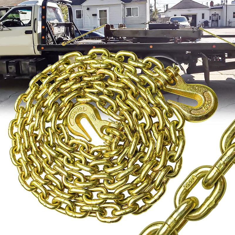 Photo 1 of FITHOIST G80 Transport Binder Chain 5/16 Inch x 20 Foot | Tow Chain with Clevis Grab Hooks | 4,900 lbs Safe Working Load | Heavy Duty Chain for Transporting Towing (5/16'' x 20FT (Yellow Zinc))