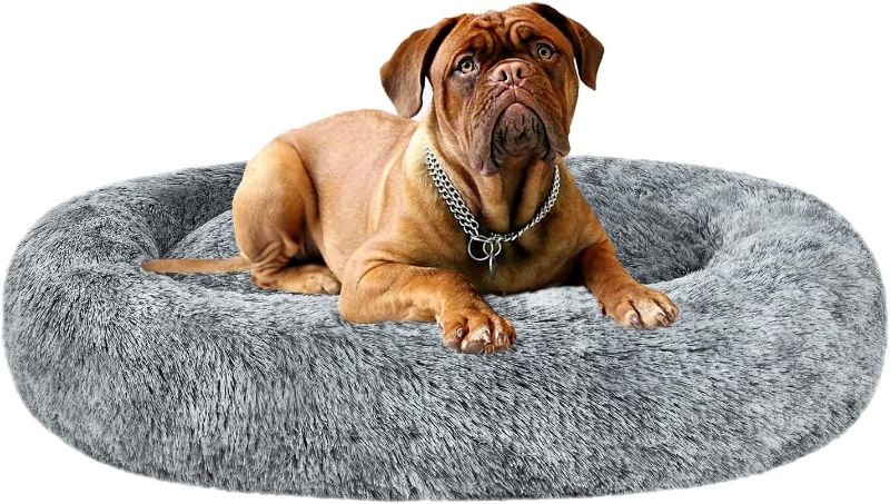 Photo 1 of Coohom Oval Calming Donut Cuddler Dog Bed,Shag Faux Fur Cat Bed Washable Round Pillow Pet Bed(30"/36"/43") for Small Medium Dogs (L(30"x24"x7"), Grey)