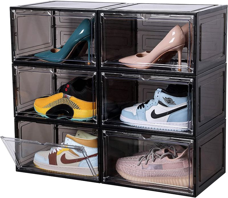 Photo 1 of Attelite Large Clear Shoe Box Storage Organizer Plastic Stackable Shoe Containers with Magnetic Door, Side Open Shoe Storage Box for Display Sneakers, Easy Assembly?Black?