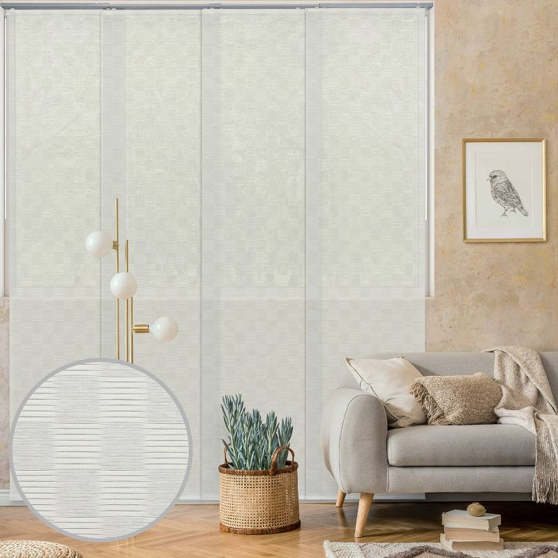 Photo 1 of GoDear Design Deluxe Adjustable Sliding Panel Track Blind 45.8"- 86" W x 96" H, Extendable 4-Rail Track Room Divder, Trimmable Natural Woven Fabric, Semi-Privacy, Checker Pattern, White Queen