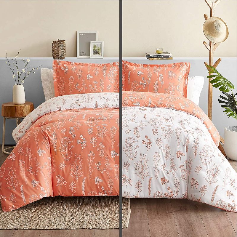 Photo 1 of Bedsure King Comforter Set - Coral Orange Comforter, Cute Floral Bedding Comforter Sets for Women, 3 Pieces, 1 Soft Reversible Botanical Flowers Spring Comforter and 2 Pillow Shams Coral Orange King