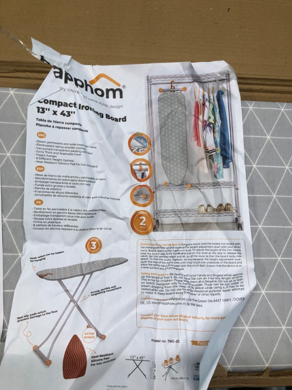 Photo 1 of Happhom Compact Space Saver Ironing Board with Extra Thick Heavy Duty Padded Cotton Cover, Height Adjustable, Lightweight and Easy Storage with Smart Hanger, for Small Spaces, Laundry Rooms or Dorms 13"x43"