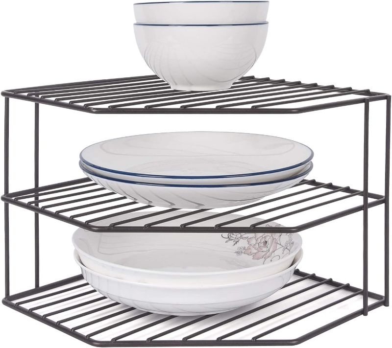 Photo 1 of 3-Tier Corner Shelf Counter and Cabinet Organizer - Steel Metal Wire - Rust Resistant - Plates, Dishes, Cabinet & Pantry Organizer - Kitchen Organization (10 x 7.5 Inch)(Bronze) 